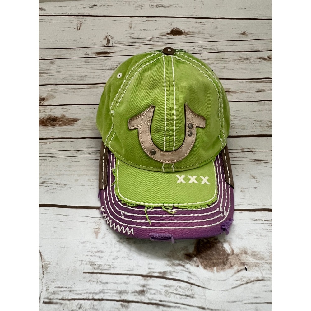 True Religion Trucker Hat Green Purple Distressed Horseshoe Logo OSFA